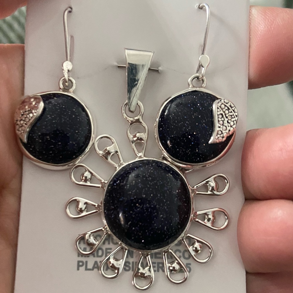 Elegant sun 925 sterling Silver and Black Jewelry Set reall stone black glitter